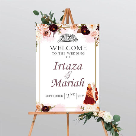 Front view of 2034 Party Entrance Welcome Sign with a caricature of a Desi couple in traditional wedding attire, framed by maroon, pink, and peach roses and a gold border