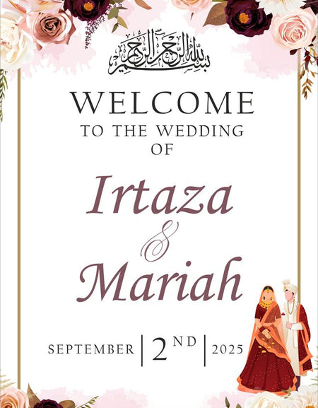 Close-up of the Desi couple caricature on the 2034 Welcome Sign, showcasing intricate details of traditional Indian/Pakistani wedding clothing.