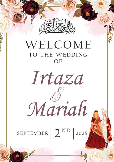 Close-up of the Desi couple caricature on the 2034 Welcome Sign, showcasing intricate details of traditional Indian/Pakistani wedding clothing.