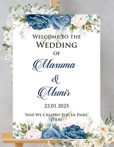 A1 Wedding Welcome boards is a large wedding welcome sign which has blue and white floral design and can customised to your theme
