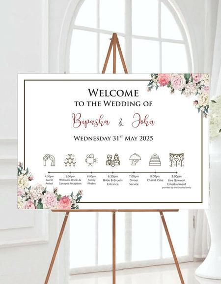 Front view of 2036 Welcome Poster Sign with pink, ivory, and white floral corners, perfect for weddings, bridal showers, or cultural ceremonies like Haldi and Mehndi