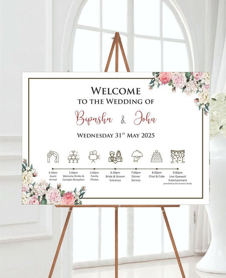 Front view of 2036 Welcome Poster Sign with pink, ivory, and white floral corners, perfect for weddings, bridal showers, or cultural ceremonies like Haldi and Mehndi