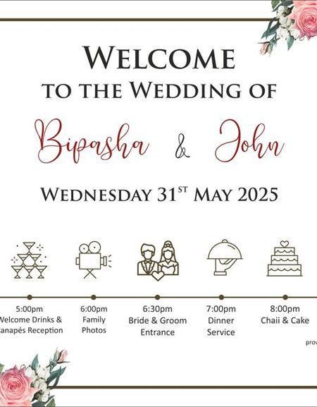 Close-up of the 2036 Welcome Poster's floral corner design in pink, ivory, and white, highlighting elegant and budget-friendly decor