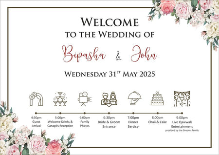 Close-up of the 2036 Welcome Poster's floral corner design in pink, ivory, and white, highlighting elegant and budget-friendly decor