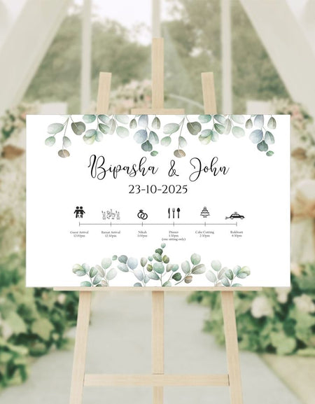 wedding welcome sign ideas with green floral leaves design