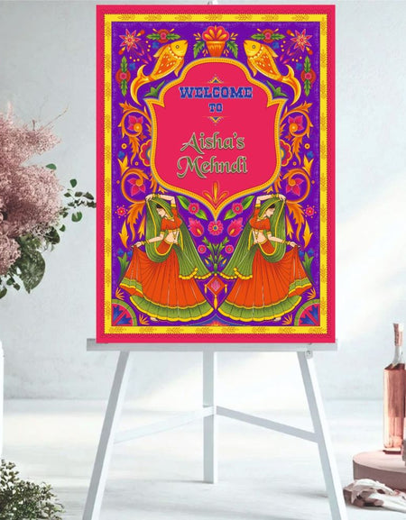 Vibrant coloured Mehndi Welcome Sign for Mendhi Evening with dancing Brides