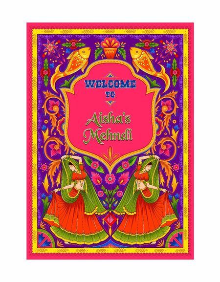 Bright Mehndi Welcome Board – A1 Size Indian Wedding Sign with Dancing Bride (2040)