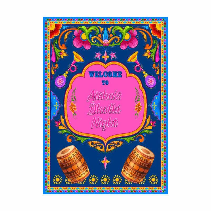 Bright blue and pink Indian design welcome dolki poster welcome sign