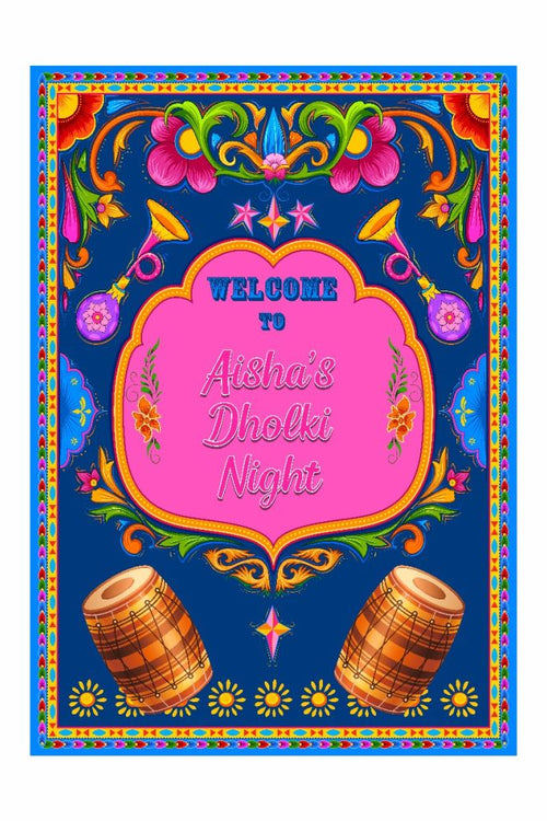 Load image into Gallery viewer, Bright blue and pink Indian design welcome dolki poster welcome sign
