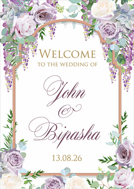 1047 – A1 Mounted Purple Floral Bride & Groom Entrance Welcome Poster