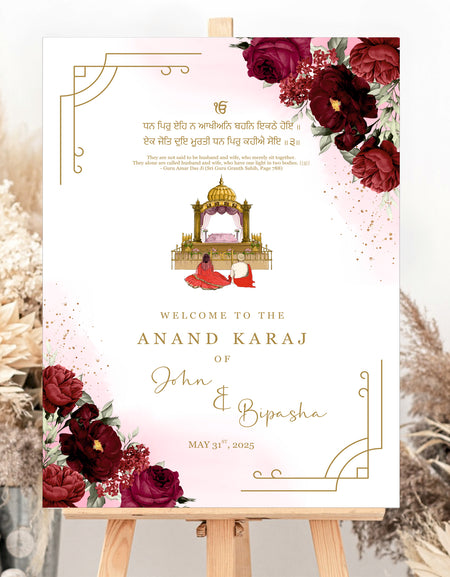 Anand Karaj Sikh wedding welcome sign with maroon and burgundy flowers. parekhcards
