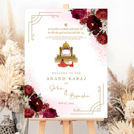 Anand Karaj Sikh wedding welcome sign with maroon and burgundy flowers. parekhcards