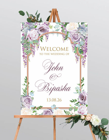 1047 – A1 Mounted Purple Floral Bride & Groom Entrance Welcome Poster