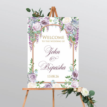 1047 – A1 Mounted Purple Floral Bride & Groom Entrance Welcome Poster