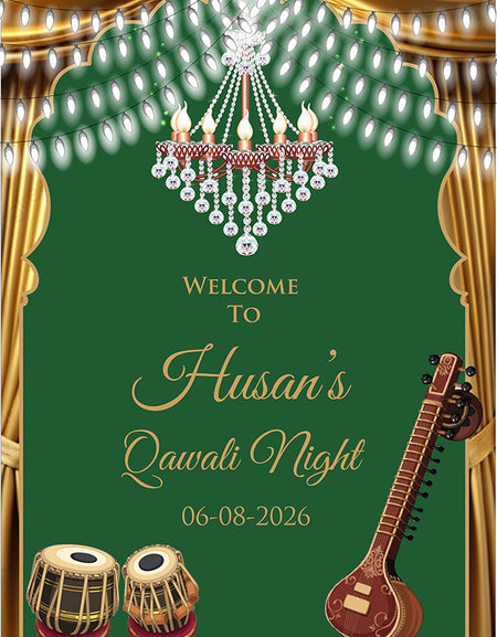 A1 Size Party Welcome Board for Mehndi, Maiyun or Sangeet Party for Qavali Night in Green with Musical Instruments