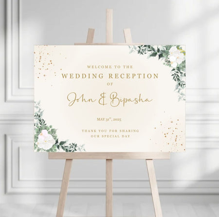 Elegant floral entrance sign with botanical accents. diamond wedding cards