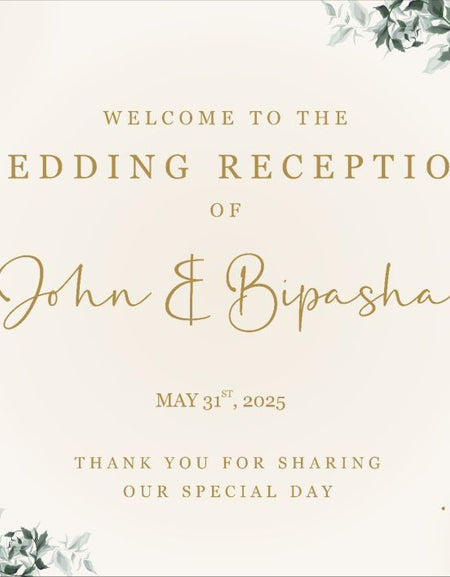 Minimalist wedding welcome board with white and green floral details. pureinvitation