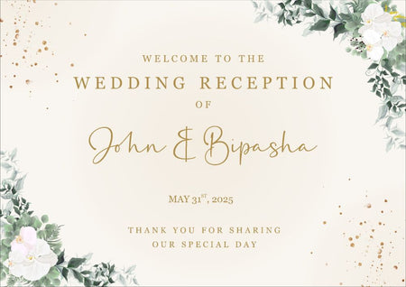 Minimalist wedding welcome board with white and green floral details. pureinvitation