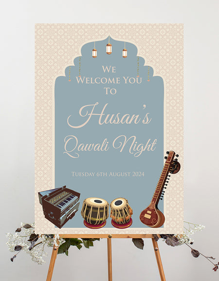 Light Blue  Arabesque Asian Indian Pakistani Mehrab design Qavali concert entrance sign with dholkis, sitar and desi hamonium instruments