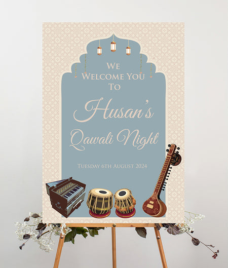 Light Blue  Arabesque Asian Indian Pakistani Mehrab design Qavali concert entrance sign with dholkis, sitar and desi hamonium instruments
