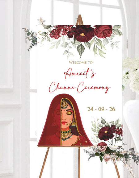 Chooni Welcome Sign Poster with Punjabi Indian Sikh Bride in red Bridal dress