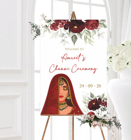 Chooni Welcome Sign Poster with Punjabi Indian Sikh Bride in red Bridal dress