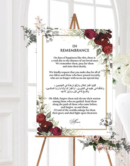Front view of 2052 Personalized In Loving Memory Sign Board, showcasing vibrant floral corners in red, maroon, and green, creating a bold and heartfelt design