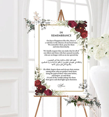 Front view of 2052 Personalized In Loving Memory Sign Board, showcasing vibrant floral corners in red, maroon, and green, creating a bold and heartfelt design