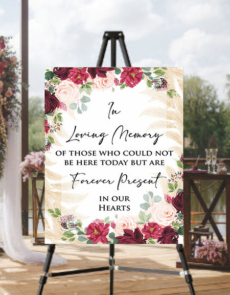 Front view of 2054 Wedding In Loving Memory Sign, showcasing elegant floral corners in red, pink, burgundy, and green, creating a vibrant and heartfelt design