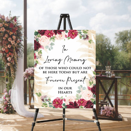Front view of 2054 Wedding In Loving Memory Sign, showcasing elegant floral corners in red, pink, burgundy, and green, creating a vibrant and heartfelt design