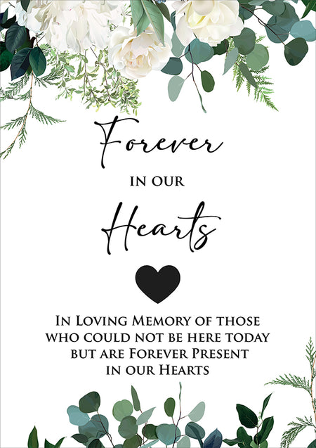 Close-up detail of 2055 Remembrance Sign, highlighting the ivory and white flowers and green leaves, symbolizing peace, love, and remembrance