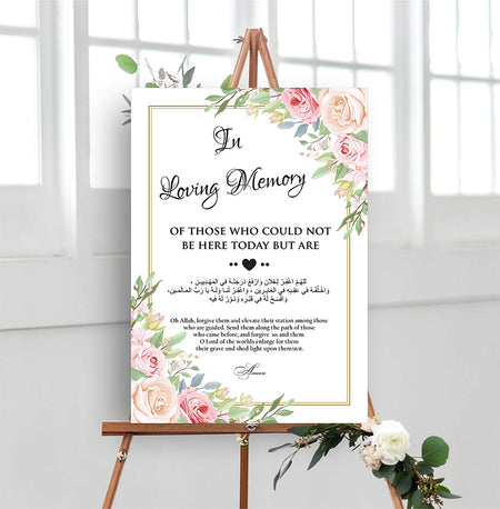 A1 personalised portrait Wedding welcome poster mounted on board can be placed on easel with Pink & peach floral pattern in two corners
