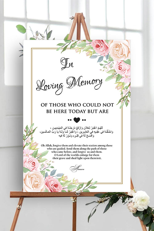 Load image into Gallery viewer, A1 personalised portrait Wedding welcome poster mounted on board can be placed on easel with Pink &amp; peach floral pattern in two corners
