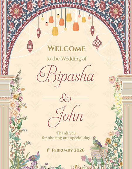 A1 personalised portrait Wedding welcome poster sign Board mounted on board can be placed on easel with Mughal theme floral pattern with peacocks