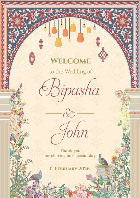 A1 personalised portrait Wedding welcome poster sign Board mounted on board can be placed on easel with Mughal theme floral pattern with peacocks