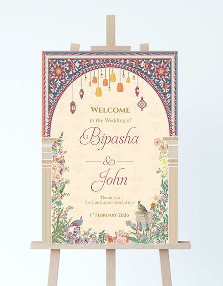 A1 personalised portrait Wedding welcome poster mounted on board can be placed on easel with Mughal theme floral pattern with birds lantern arch