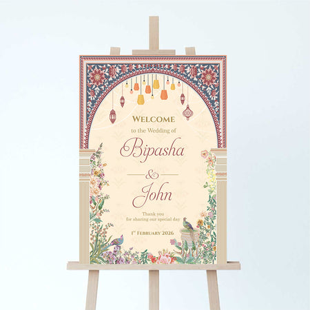 A1 personalised portrait Wedding welcome poster mounted on board can be placed on easel with Mughal theme floral pattern with birds lantern arch