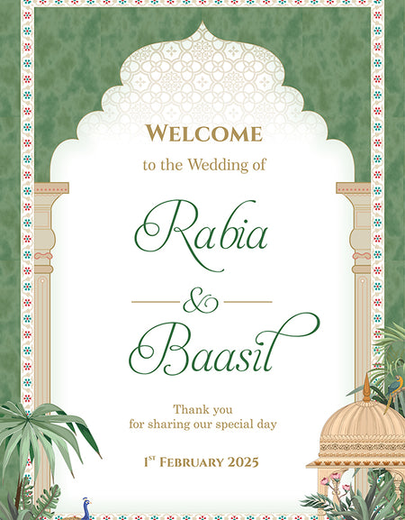 A1 personalised portrait Wedding welcome poster mounted on board can be placed 
on easel mughal theme green leaves arch and peacocks