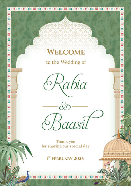 A1 personalised portrait Wedding welcome poster mounted on board can be placed 
on easel mughal theme green leaves arch and peacocks