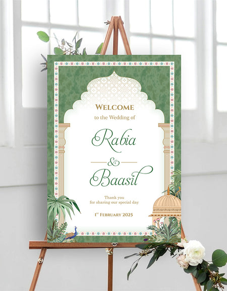 A1 personalised portrait Wedding welcome poster mounted on board can be placed 
on easel mughal theme green leaves arch and peacocks