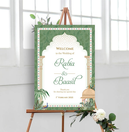 A1 personalised portrait Wedding welcome poster mounted on board can be placed 
on easel mughal theme green leaves arch and peacocks