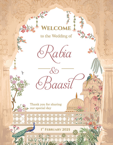 A1 personalised portrait Wedding welcome poster mounted on board can be placed 
on easel with mughal theme arch flowers and peacocks