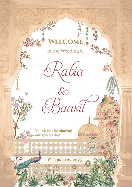 A1 personalised portrait Wedding welcome poster mounted on board can be placed 
on easel with mughal theme arch flowers and peacocks