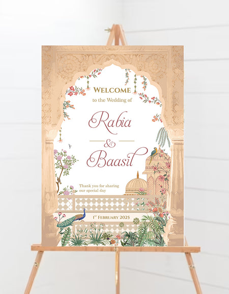 A1 personalised portrait Wedding welcome poster mounted on board can be placed 
on easel with mughal theme arch flowers and peacocks