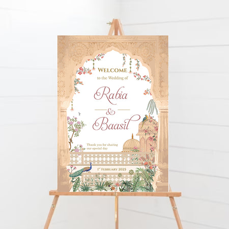 A1 personalised portrait Wedding welcome poster mounted on board can be placed 
on easel with mughal theme arch flowers and peacocks