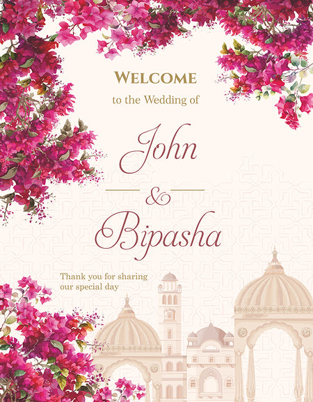 A1 personalised portrait Wedding welcome poster mounted on board can be placed 
on easel with mughal theme buildings and pink floral vine 