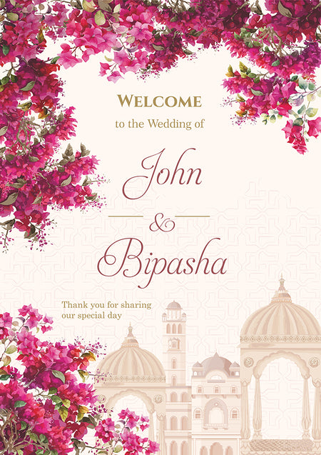 A1 personalised portrait Wedding welcome poster mounted on board can be placed 
on easel with mughal theme buildings and pink floral vine 