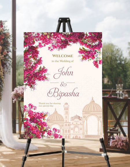 A1 personalised portrait Wedding welcome poster mounted on board can be placed 
on easel with mughal theme buildings and pink floral vine 