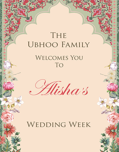 A1 personalised portrait Wedding welcome poster mounted on board can be placed 
on easel with green and pick floral pattern with an arch