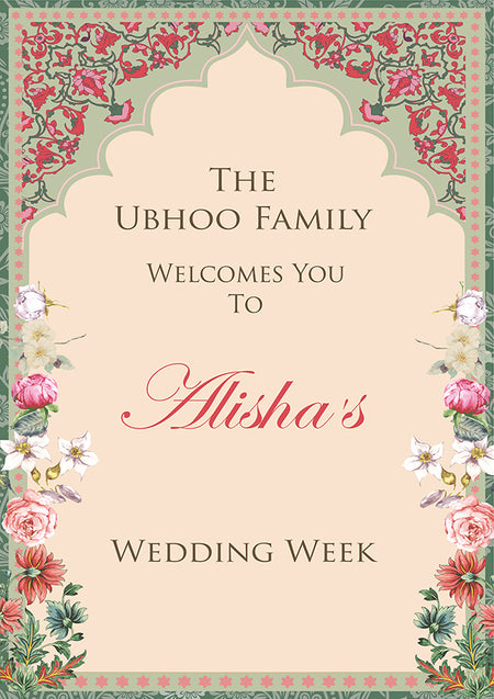 A1 personalised portrait Wedding welcome poster mounted on board can be placed 
on easel with green and pick floral pattern with an arch
